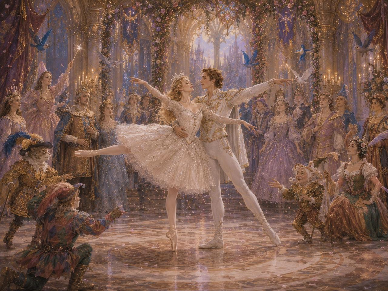 結婚式の祝宴で踊るオーロラ姫とデジレ王子の水彩イラスト