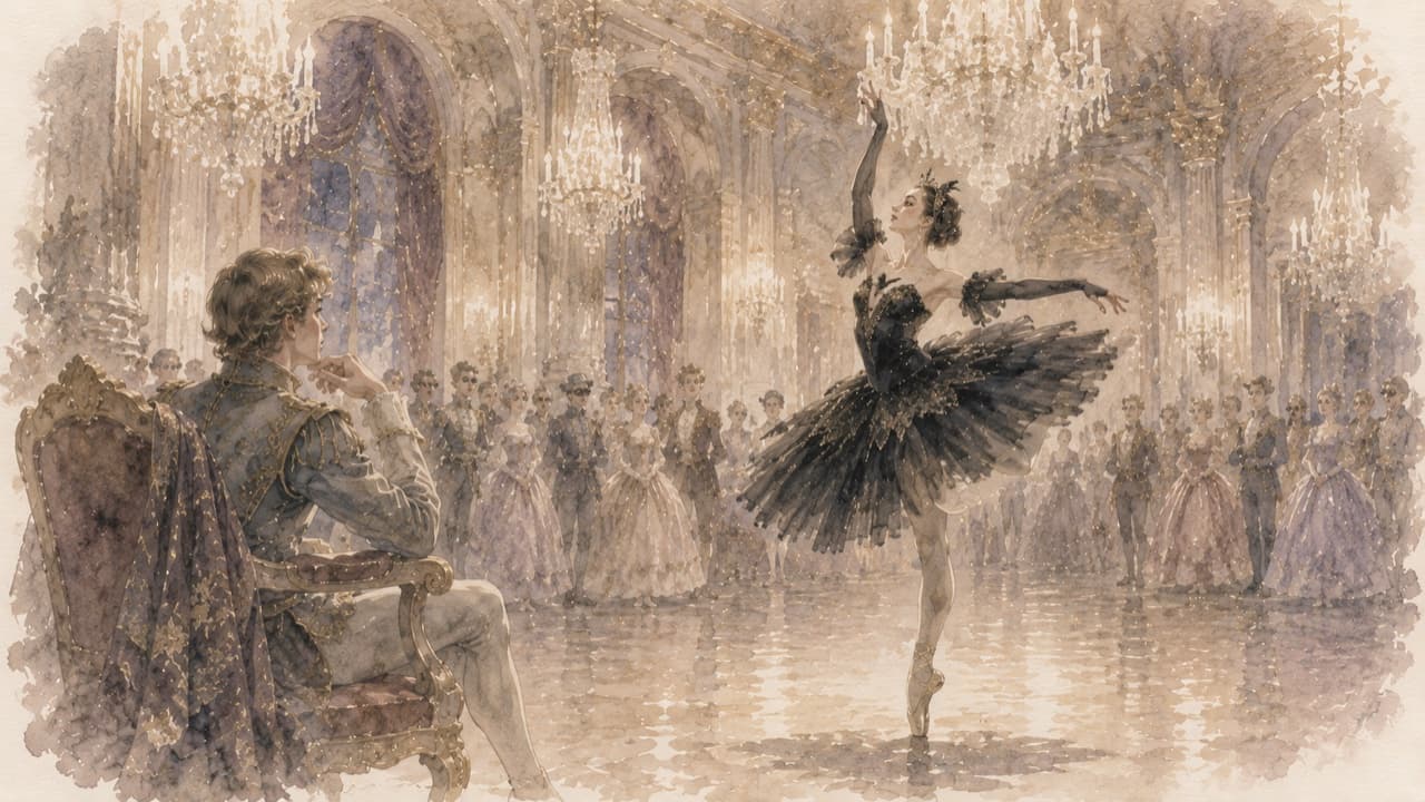 舞踏会で王子を誘惑して踊る黒鳥オディールの水彩イラスト