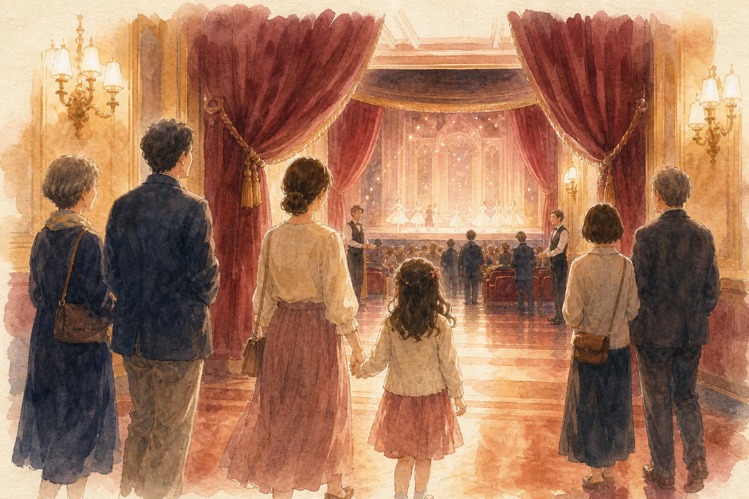 親子を含む観客が、明るい舞台へ続く劇場の入口に立つ水彩画