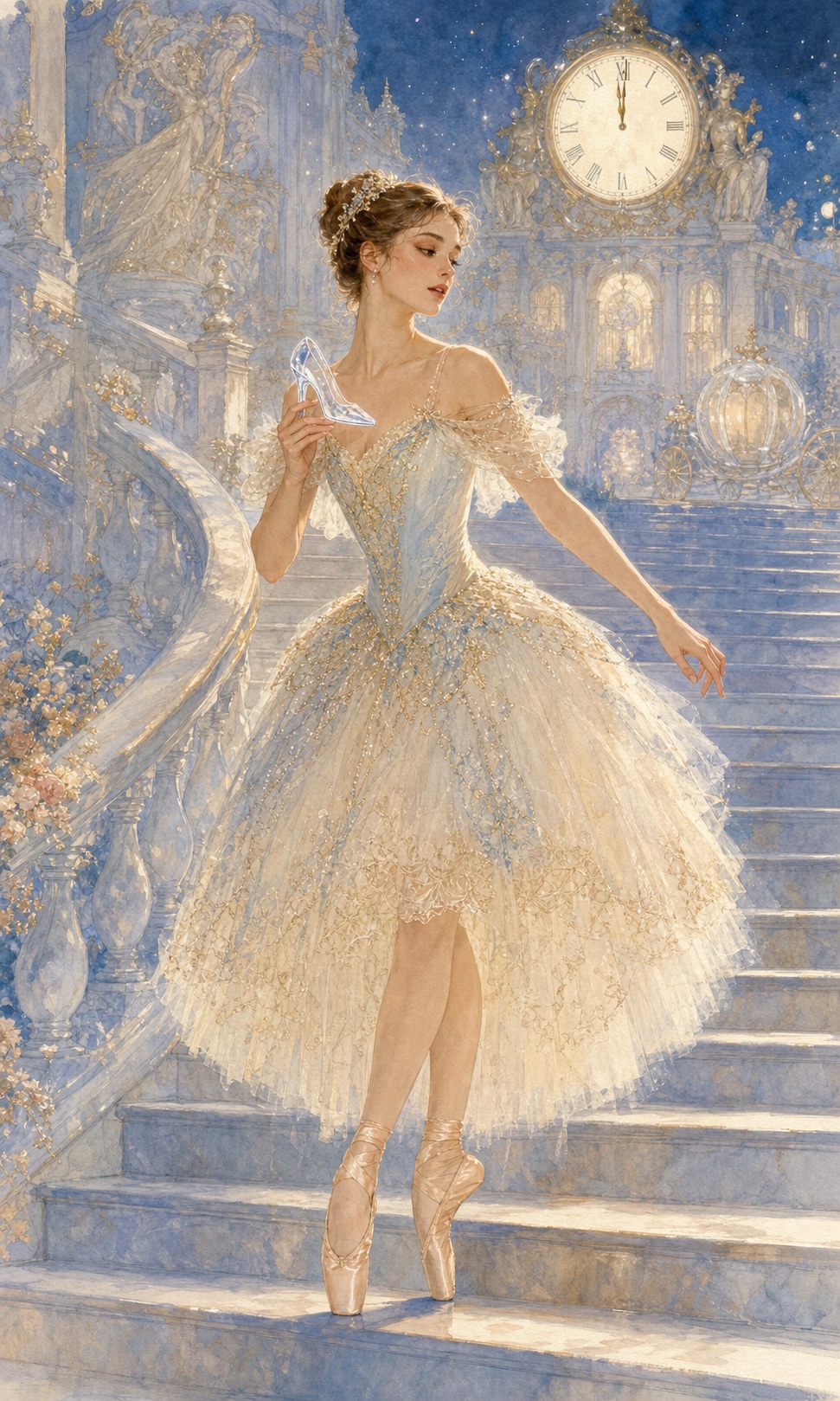 真夜中の大時計を背に、真珠色と空色の衣装で踊るシンデレラと王宮の水彩画