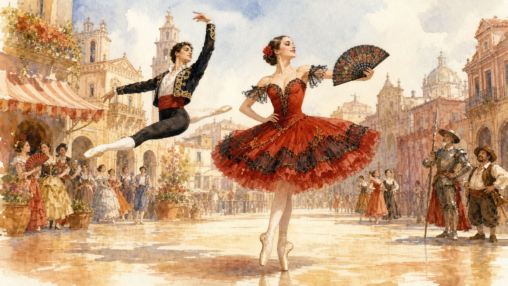 赤い衣装のキトリとバジルが街の広場で踊る『ドン・キホーテ』の水彩画