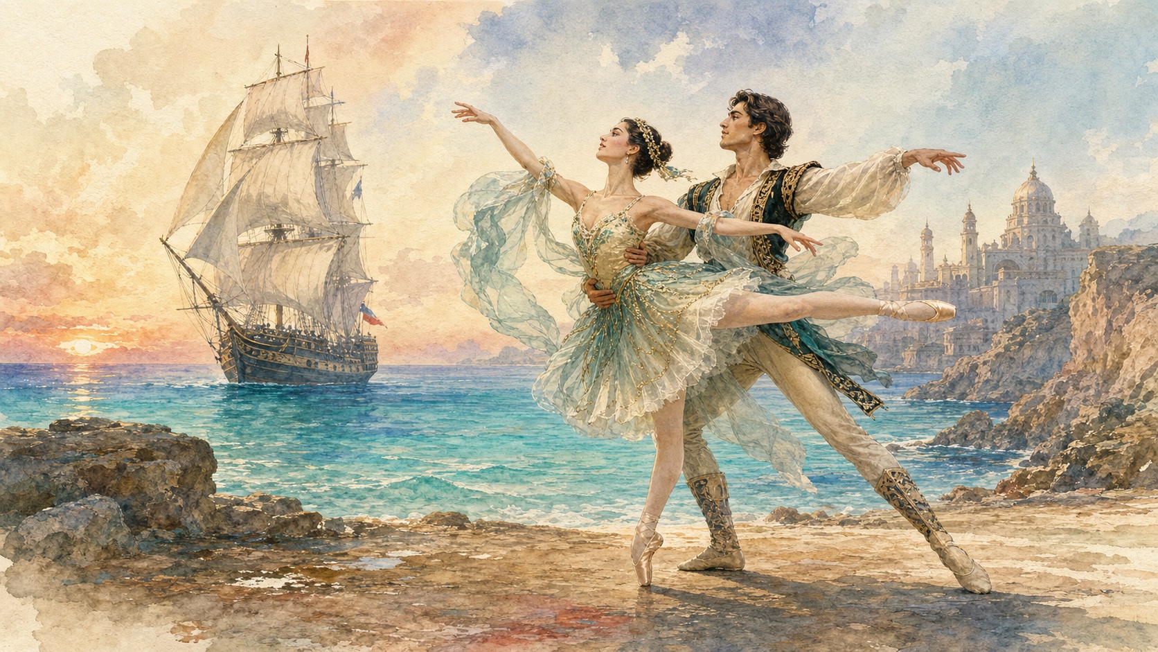 地中海の帆船を背にメドーラとコンラッドが踊るバレエ『海賊』の水彩画