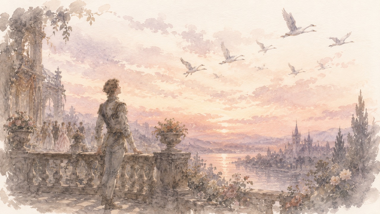 城の庭園の祝宴で、夕暮れの空を飛ぶ白鳥の群れを見上げる王子の水彩イラスト